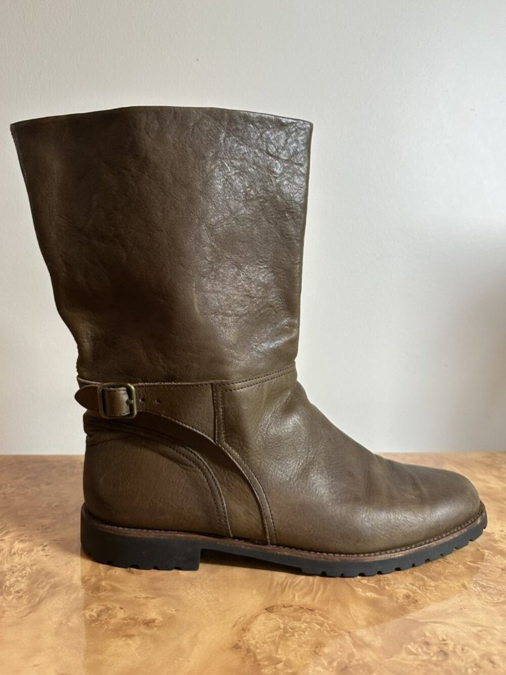 Rover Italian Leather Engineer Moto Boots Brown Shearling Lined Mid-Calf 10.5/11